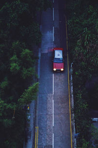 High angle view of road amidst trees in city