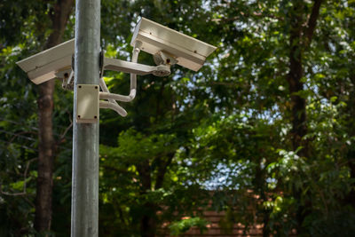 Low angle view group of the surveillance security cameras or cctv with sunlight on steel pole.