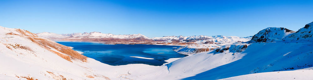 Scenic view of snowcapped mountains against clear blue sky