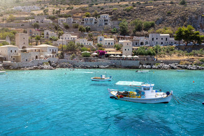 High angle view of sailboats in sea