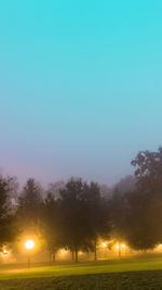 Trees on landscape against sky during sunset