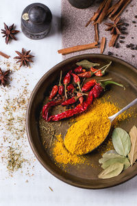 Directly above shot of various spices on table