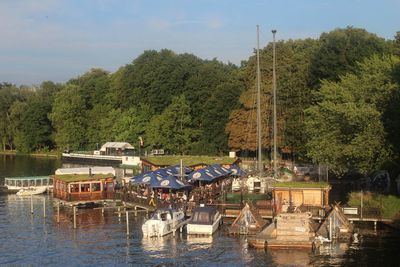 Boats moored by trees against sky