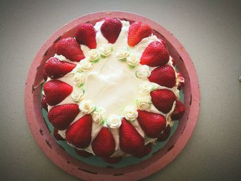 High angle view of strawberries in bowl