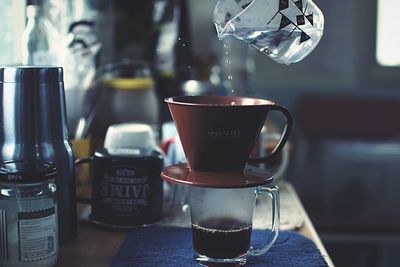 Close-up of coffee served on table