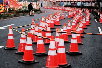 High angle view of traffic cones on street