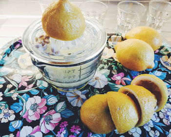 High angle view of lemon slices on table