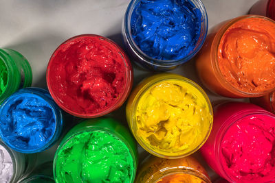 High angle view of multi colored objects on table