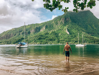 Rear view of shirtless man standing in sea