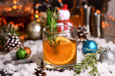 Close-up of christmas decorations on table