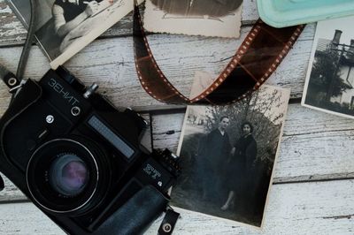 High angle view of camera on table