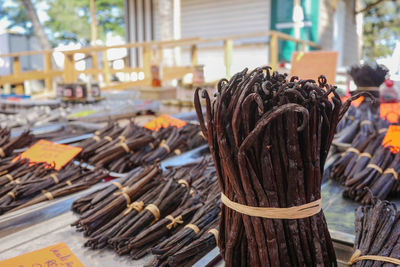 Close-up of wicker baskets for sale