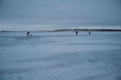 People standing on frozen beach against sky during winter