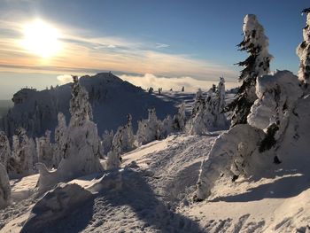 Snow covered landscape against sky during sunset