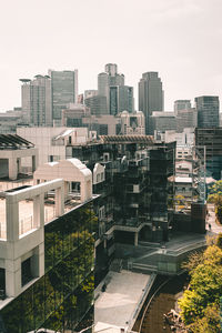 High angle view of buildings against clear sky