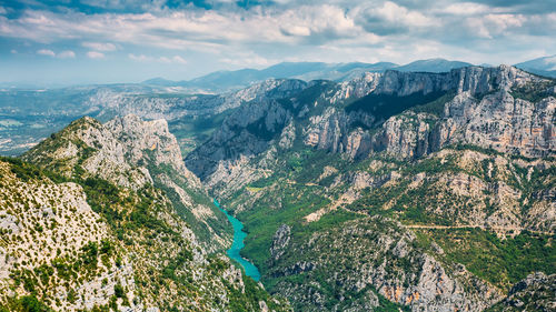 High angle view of panoramic shot of mountains against sky