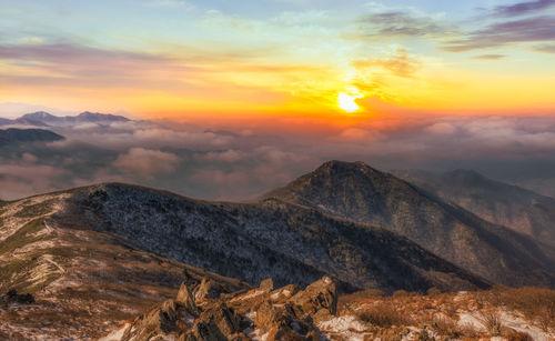 Scenic view of mountains against dramatic sky