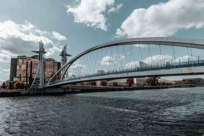 Bridge over river with buildings in background