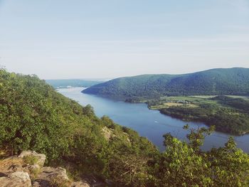 High angle view of bay against sky