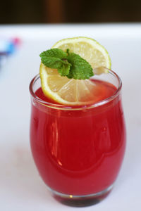 Close-up of juice in glass on table