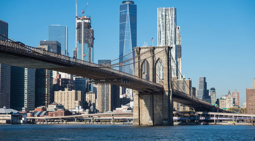 Low angle view of skyscrapers against clear sky