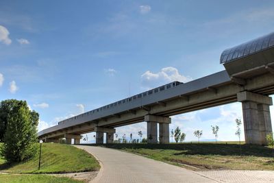 Train on railway bridge against sky