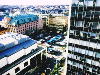 High angle view of modern buildings in city