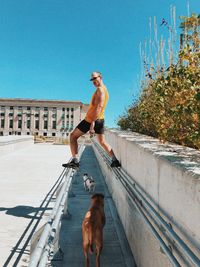 Man standing on pipes over dogs against sky