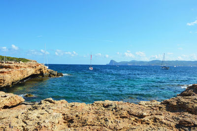 Scenic view of sea against blue sky