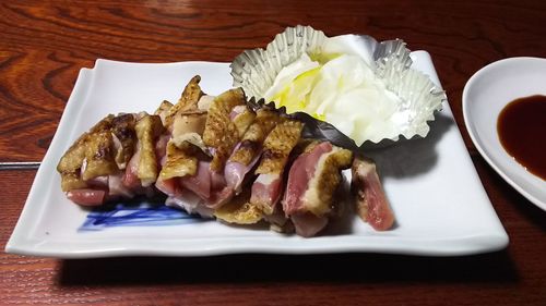 High angle view of food in plate on table