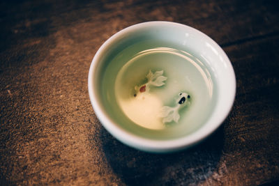 High angle view of tea cup on table