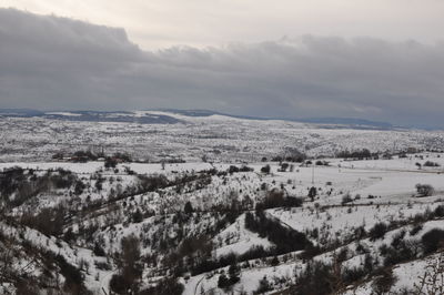 Scenic view of snow covered landscape against sky