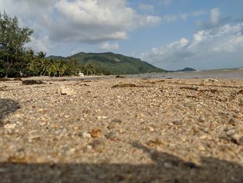 Surface level of beach against sky