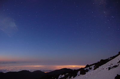 Scenic view of snowcapped mountains against sky at night