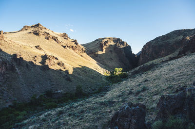 Scenic view of rocky mountains against clear sky