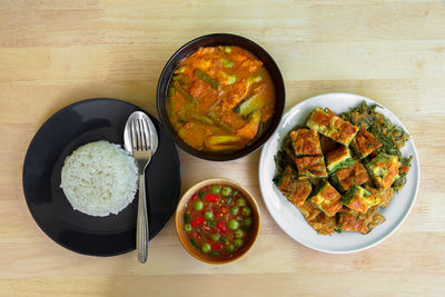 High angle view of meal served on table