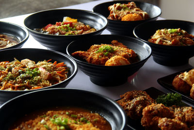 High angle view of food served on table