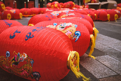 Close-up of red chinese lanterns on ground 