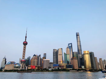 Modern buildings in city against clear sky