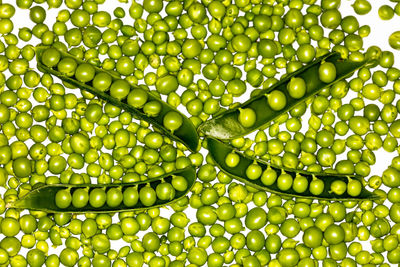 Peas and pea pods against white background