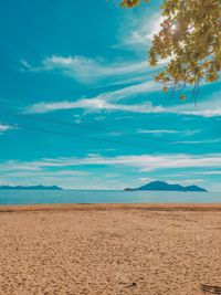 Scenic view of beach against blue sky