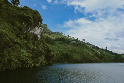 Scenic view of river amidst trees against sky