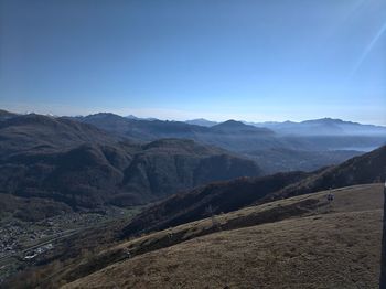 Scenic view of mountains against clear blue sky
