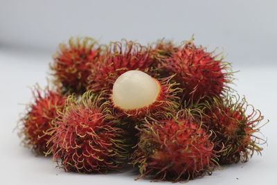 Close-up of fruits on table against white background