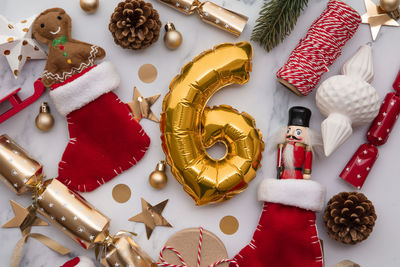 Directly above shot of christmas decorations on table