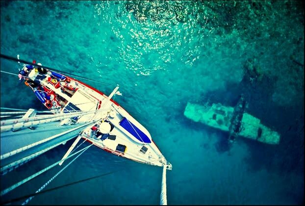 water, high angle view, transportation, nautical vessel, men, leisure activity, mode of transport, blue, lifestyles, boat, sea, travel, day, outdoors, person, turquoise colored, reflection, nature