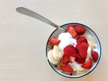 High angle view of breakfast served on table