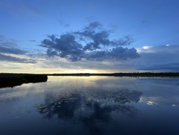 Scenic view of lake against sky at sunset