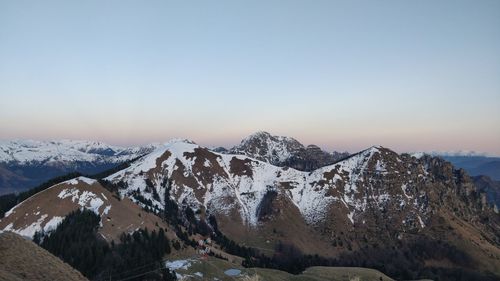 Scenic view of snowcapped mountains against clear sky