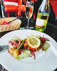 Close-up of food served on table